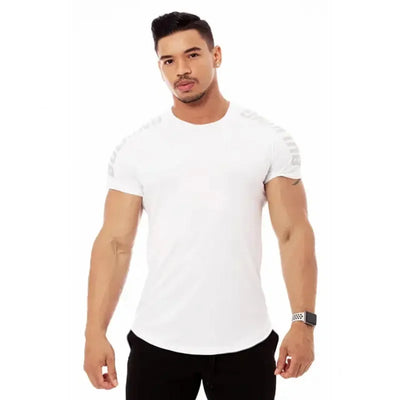 2024 Men Running Sports T-shirt in white, perfect for fitness and bodybuilding, made of quick-dry polyester.