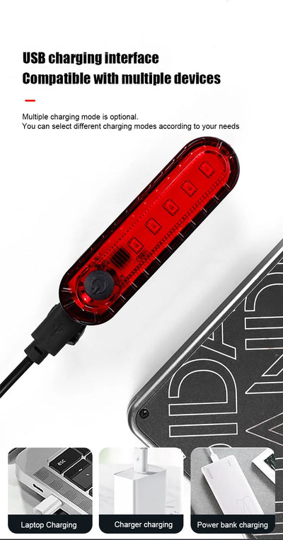 USB rechargeable bike tail light with multiple charging options, ideal for cycling safety. Bright red design for visibility.