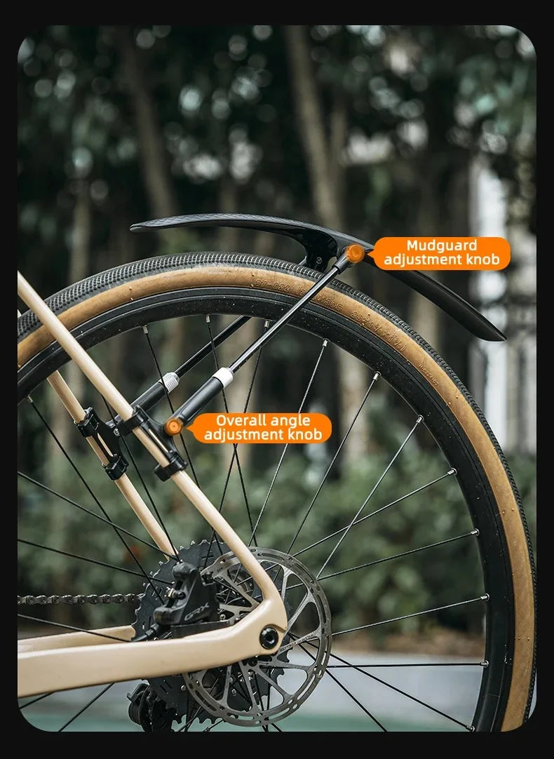 Bicycle mudguard with adjustment knobs installed on road bike rear wheel for enhanced protection and flexibility.