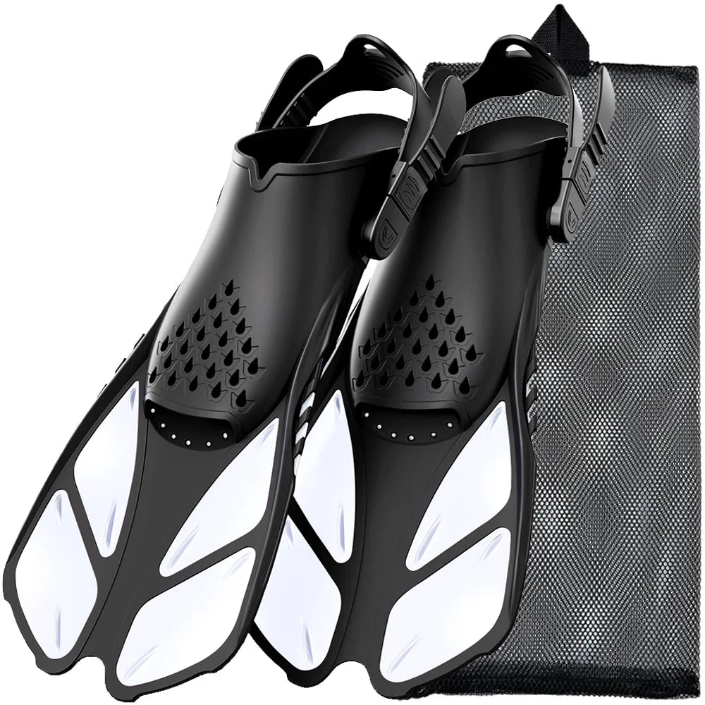Adjustable snorkel fins with silicone material, black color, designed for scuba diving, includes a carrying bag.