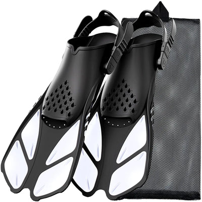 Adjustable snorkel fins with silicone material, black color, designed for scuba diving, includes a carrying bag.