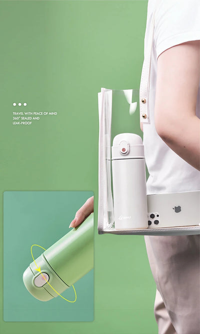 GIANXI Bouncing Straw Thermos, stainless steel insulated water bottle, showcasing easy transport and leak-proof design.