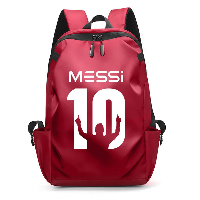 Red backpack featuring Messi's name and number 10, perfect for students and casual use.