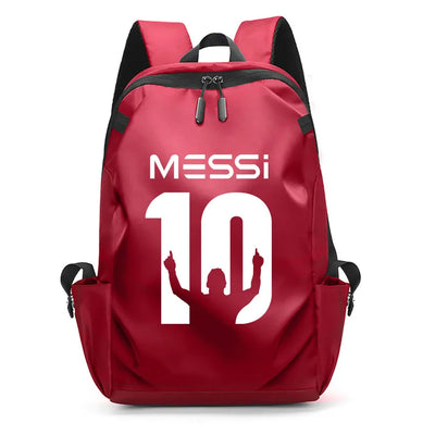 Red backpack featuring Messi's name and number 10, perfect for students and casual use.