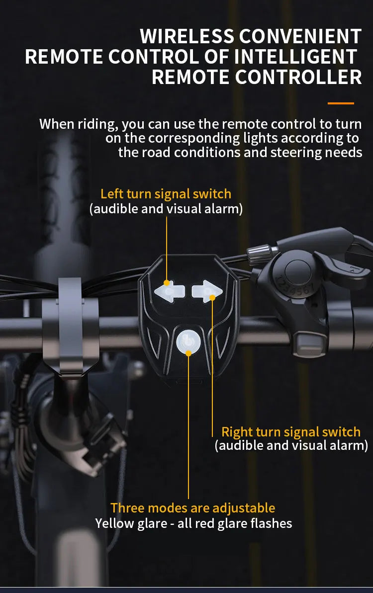 Wireless bike turn signal remote control with left and right switches for safe riding notification.