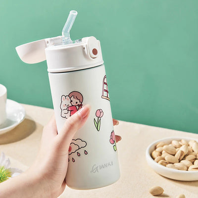 GIANXI insulated water bottle with straw, stainless steel, floral design, hand holding, suitable for 6-12 hours thermal insulation.