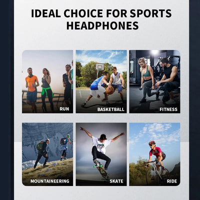 Collage of sports activities showcasing ideal sports headphones for running, basketball, fitness, mountaineering, skating, and cycling.