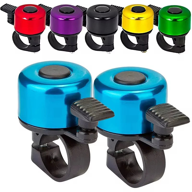 Aluminum alloy MTB bicycle bell in multiple colors including blue, red, green, yellow, and purple for safety and style.