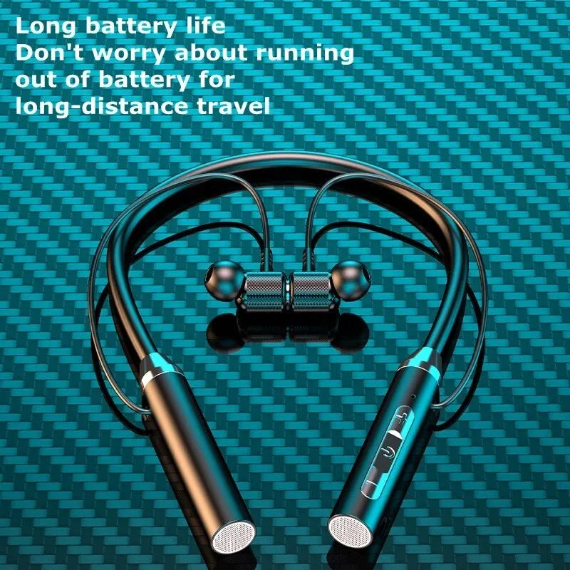 Bluetooth neckband earphones featuring long battery life for extended travel, with sleek design and controls.