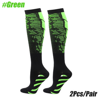 Green compression socks for men and women, calf support for running, cycling, and sports activities, set of 2 pairs.