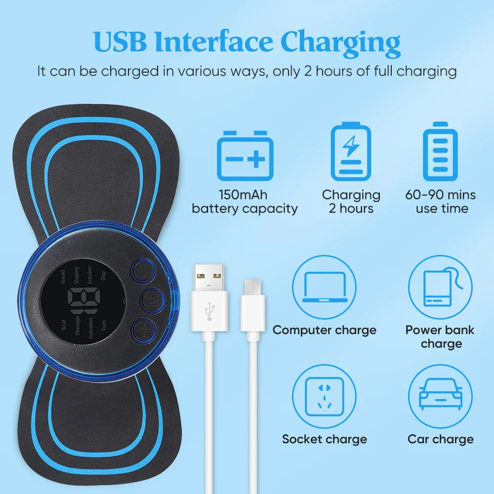 USB charging interface for Electric EMS Neck Massager, showcasing different charging options and battery capacity.