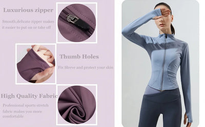 Women's lightweight sports jacket featuring luxurious zipper, thumb holes, and high-quality fabric in light blue.