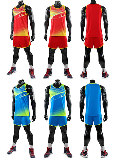 Custom unisex marathon running suit set in vibrant colors, including red, blue, and yellow designs, ideal for track and field sports.