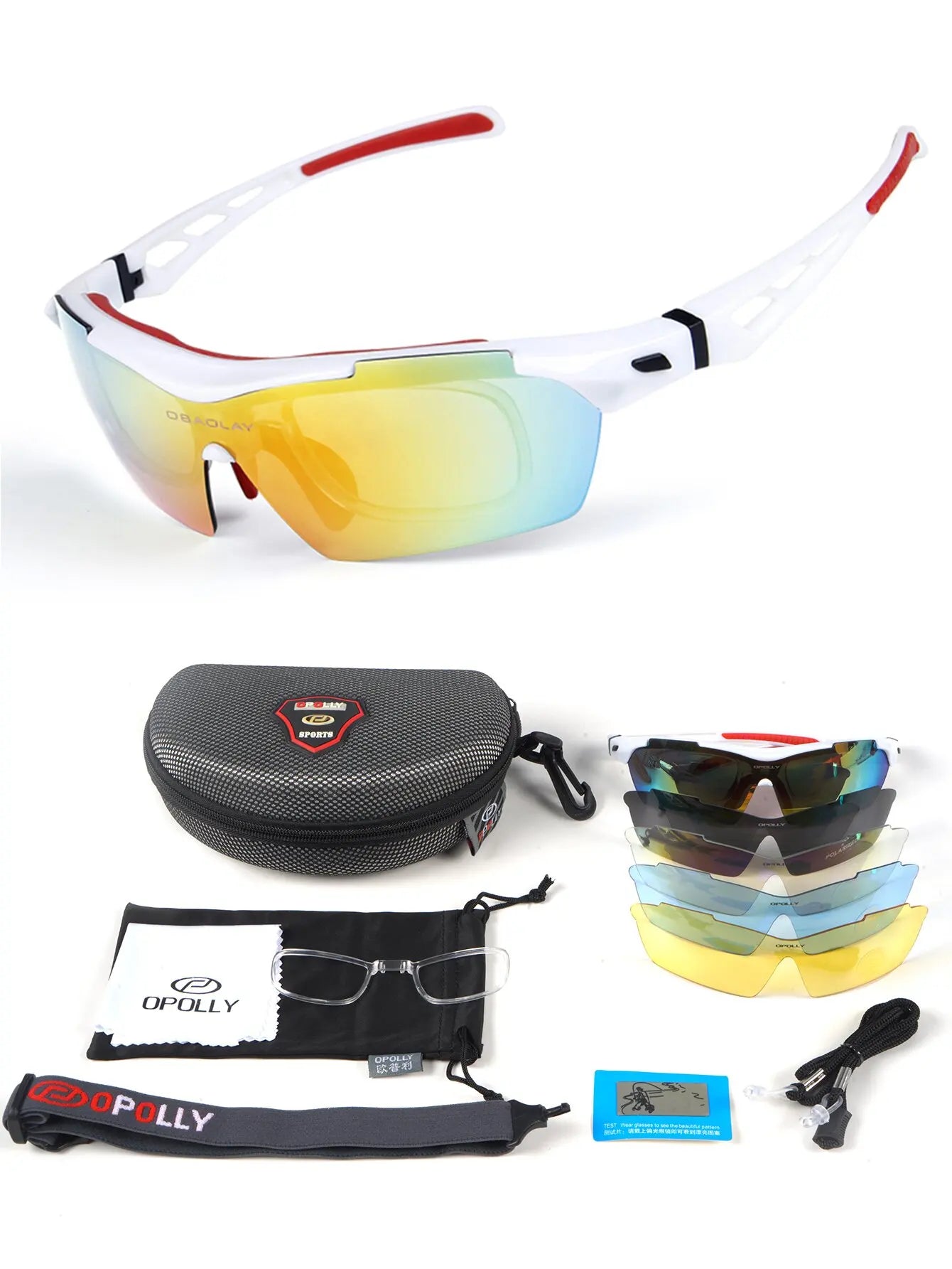 Men's polarized cycling sunglasses with interchangeable lenses and protective case, designed for active outdoor sports.