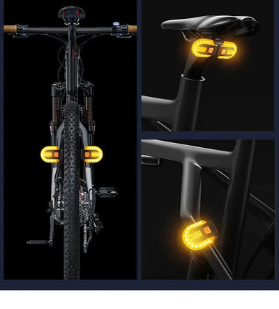 Wireless bike turn signal light LED taillight on bicycle seatpost, highlighting safety features and remote control functionality.
