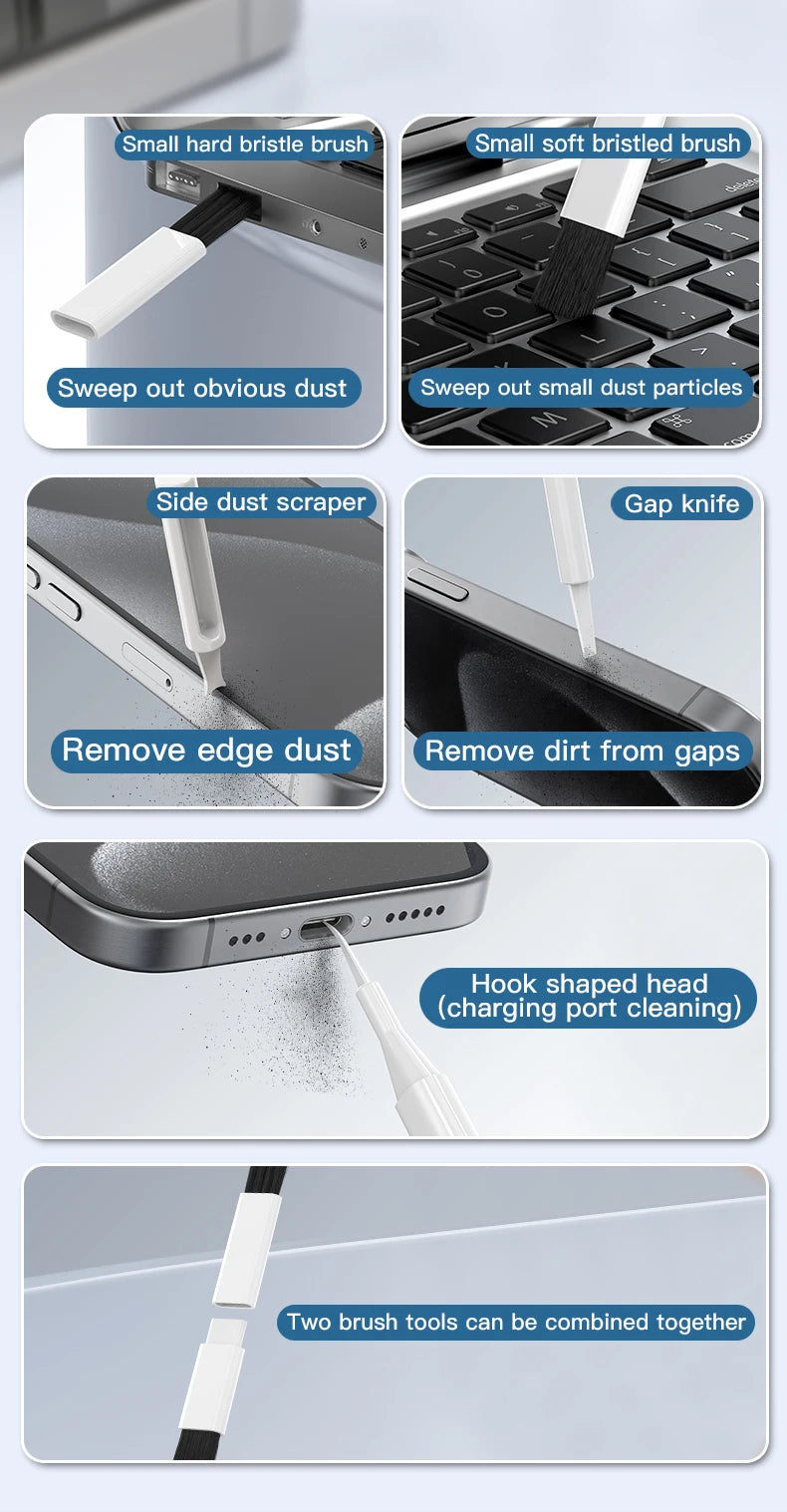 22-in-1 Multi-Function Cleaning Kit tools for cleaning iPhone, iPad, AirPods, and keyboards, featuring various brushes and scrapers.