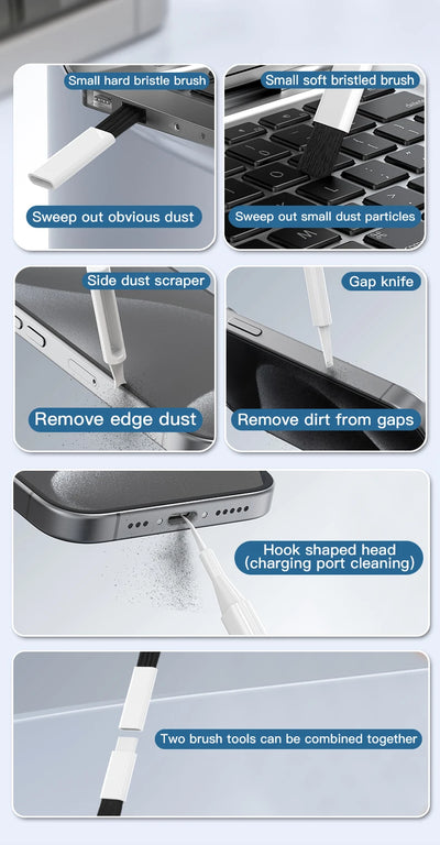 22-in-1 Multi-Function Cleaning Kit tools for cleaning iPhone, iPad, AirPods, and keyboards, featuring various brushes and scrapers.