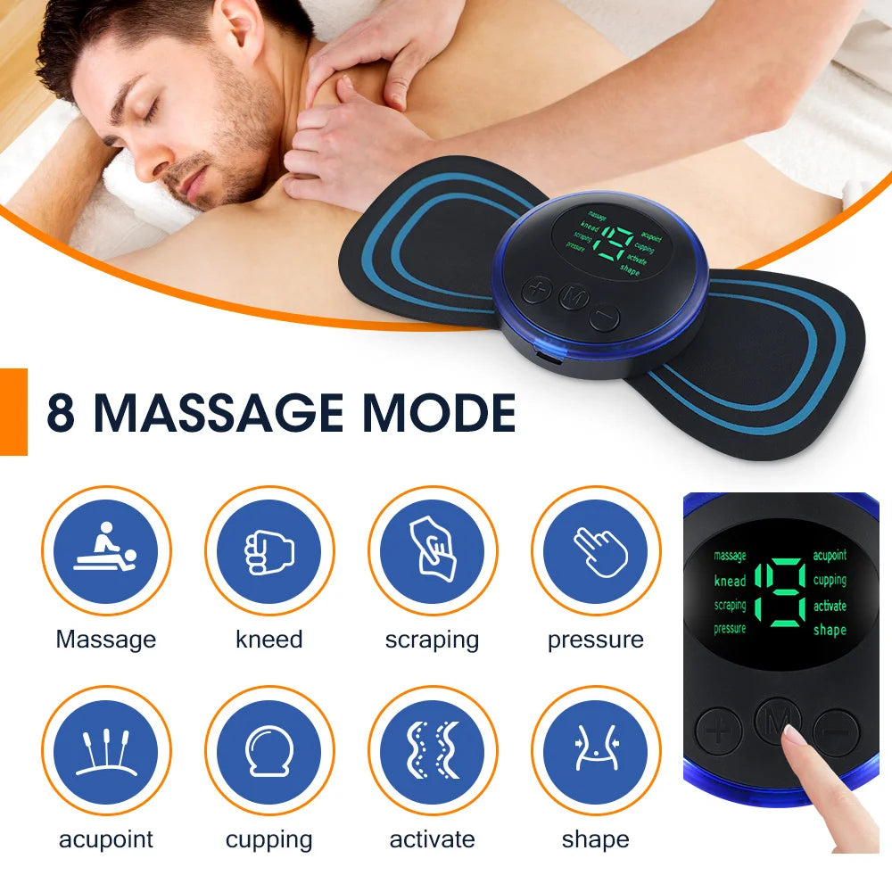 Electric EMS neck massager with 8 modes for pain relief, shown on a person enjoying a massage experience.