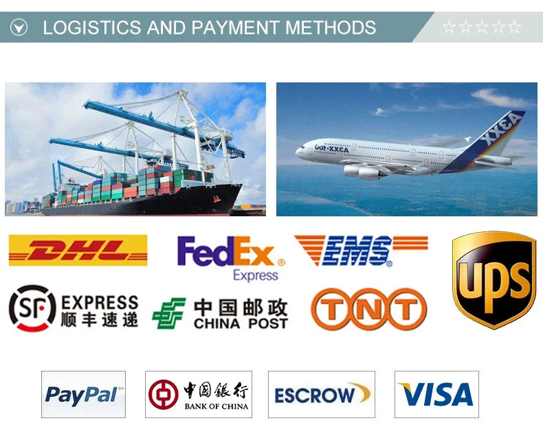 Logistics and payment methods display featuring shipping options and payment logos including DHL, FedEx, PayPal, and more.