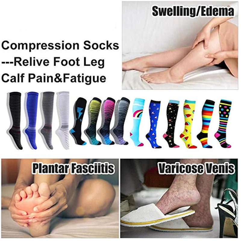 Various compression socks for swelling, plantar fasciitis, and varicose veins, providing relief for foot and leg discomfort.