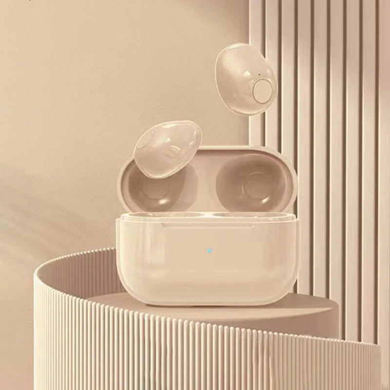 Mini invisible TWS earbuds in a charging case, showcasing wireless design and sleek aesthetic.