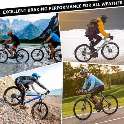 Four cyclists in various terrains highlighting excellent braking performance for all weather conditions.