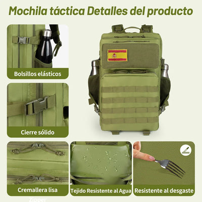 Tactical backpack features including elastic pockets, durable zipper, waterproof fabric, and solid closure design.