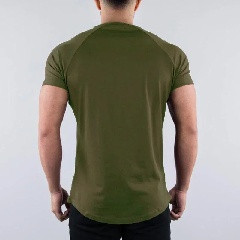 Men's plain summer cotton short sleeve workout shirt in olive green, ideal for gym and fitness activities.