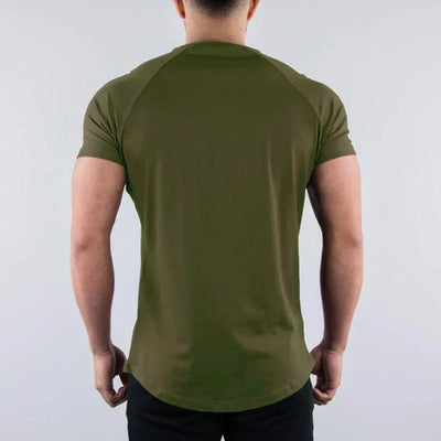 Men's plain summer cotton short sleeve workout shirt in olive green, ideal for gym and fitness activities.