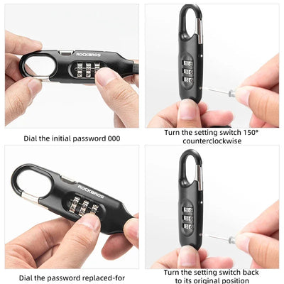 Instructions for setting the password on the ROCKBROS high-security bike lock, showcasing four steps for easy use.
