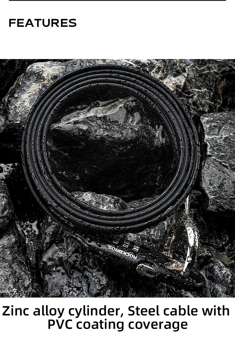 ROCKBROS high-security bike lock featuring steel cable with PVC coating and zinc alloy cylinder for enhanced anti-theft protection.