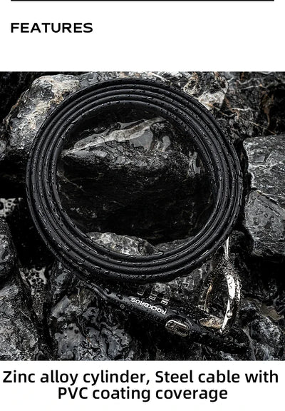 ROCKBROS high-security bike lock featuring steel cable with PVC coating and zinc alloy cylinder for enhanced anti-theft protection.