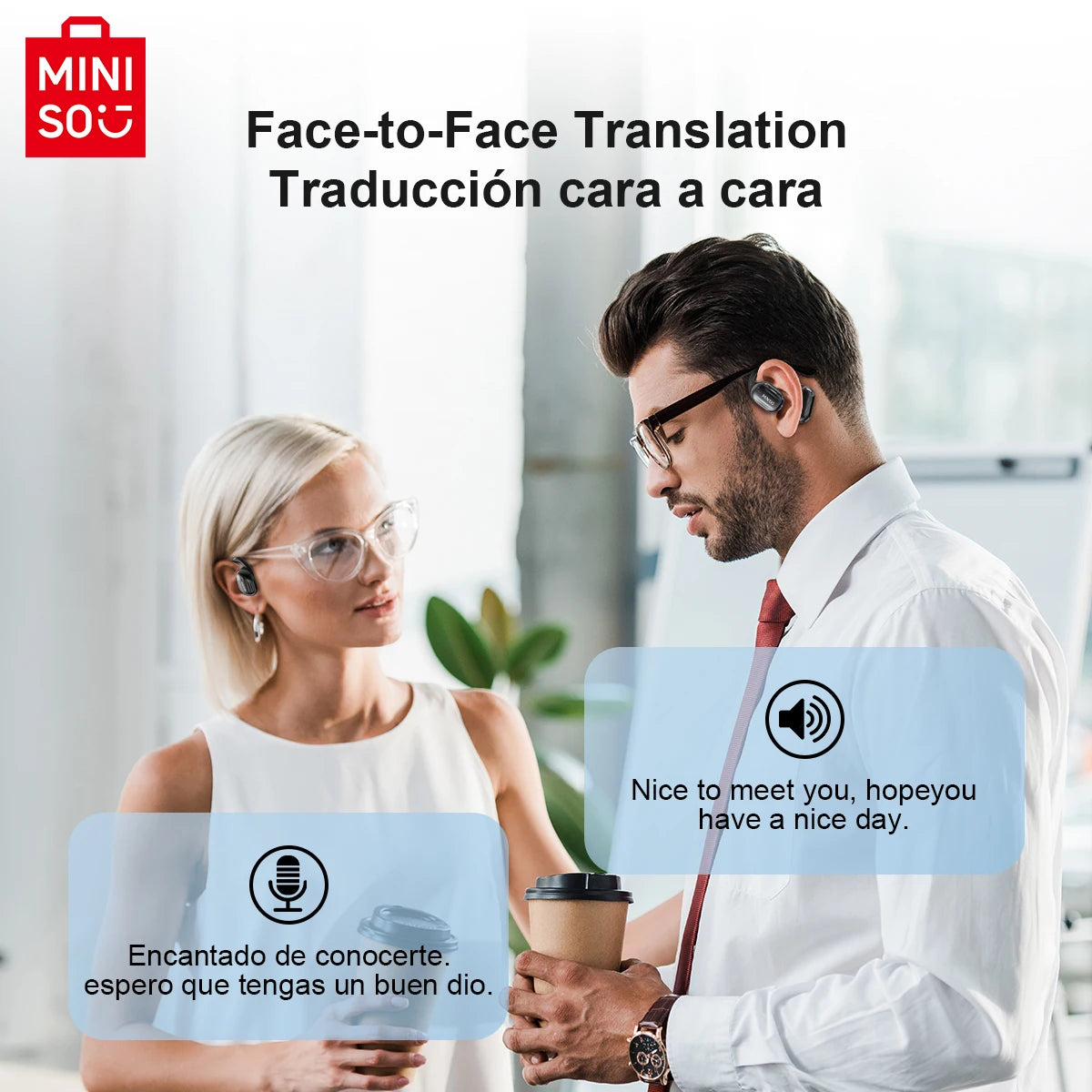 MINISO MS162 Bluetooth earbuds in use for face-to-face translation between two people.