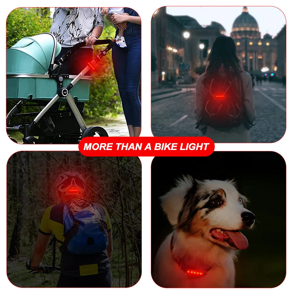 Collage of people using a USB rechargeable bike tail light for safety in various activities, including cycling and walking a dog.