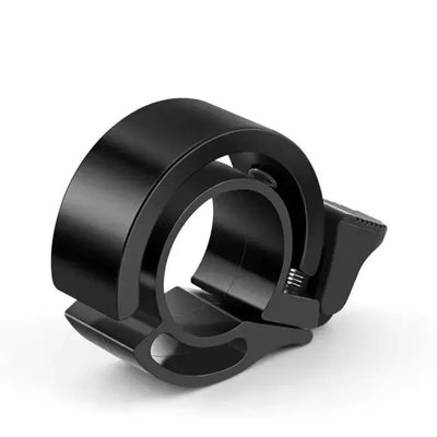 Black cycling bell for bike handlebar, enhances safety and visibility during rides.