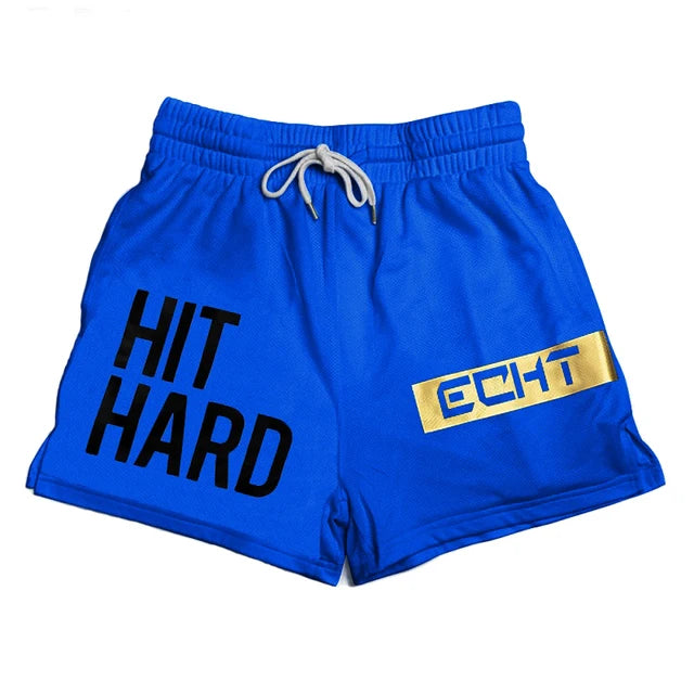 Men's breathable blue gym shorts with 'HIT HARD' print and adjustable waistband, perfect for running and sports activities.