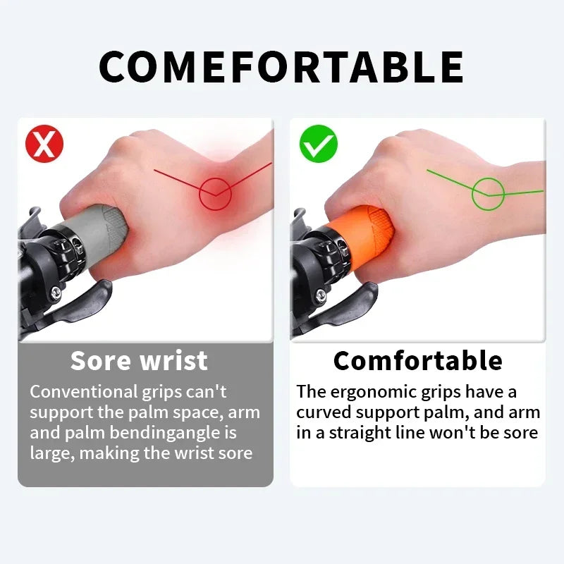 Comparison of ergonomic bike grips showing comfort vs sore wrist for better hand support.