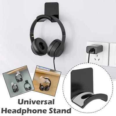 Universal headphone stand wall mount with black headset, under desk headphone holder for gaming and audio devices.