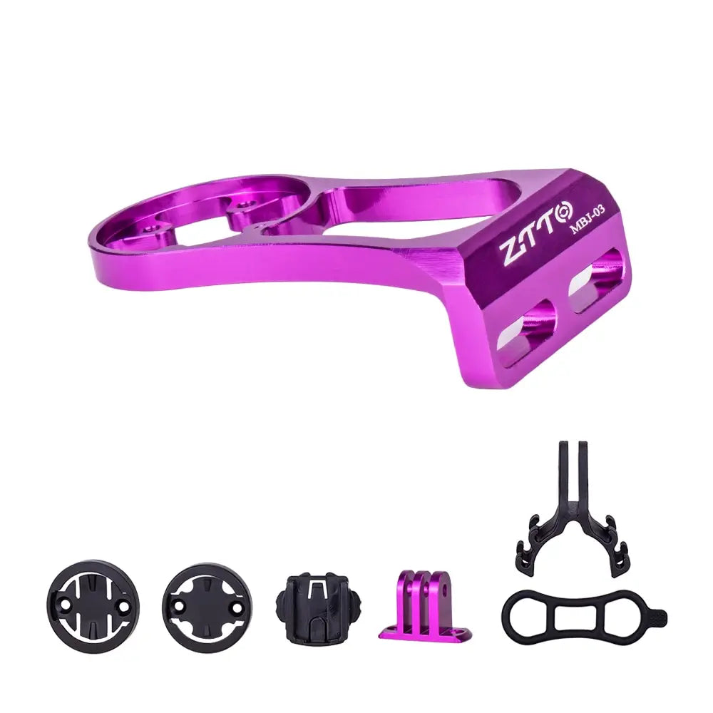 ZTTO bicycle stem mount in purple for Garmin, Bryton GPS, GoPro, suitable for road bike and MTB, made of lightweight aluminum.