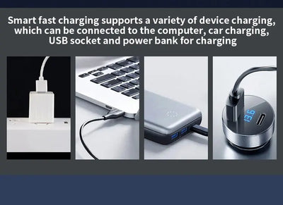 Image showing smart fast charging options: wall adapter, laptop USB, power bank, and car charger connection.