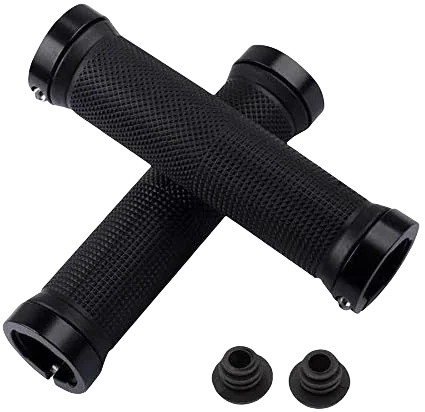 Non-slip rubber bike grips with double lock-on design, featuring alloy ends for enhanced cycling performance.