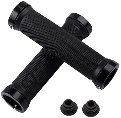 Non-slip rubber bike grips with double lock-on design, featuring alloy ends for enhanced cycling performance.