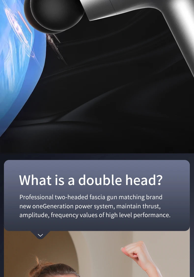 Double-headed massage gun display with a description of its professional fascia technology for high-performance muscle relief.
