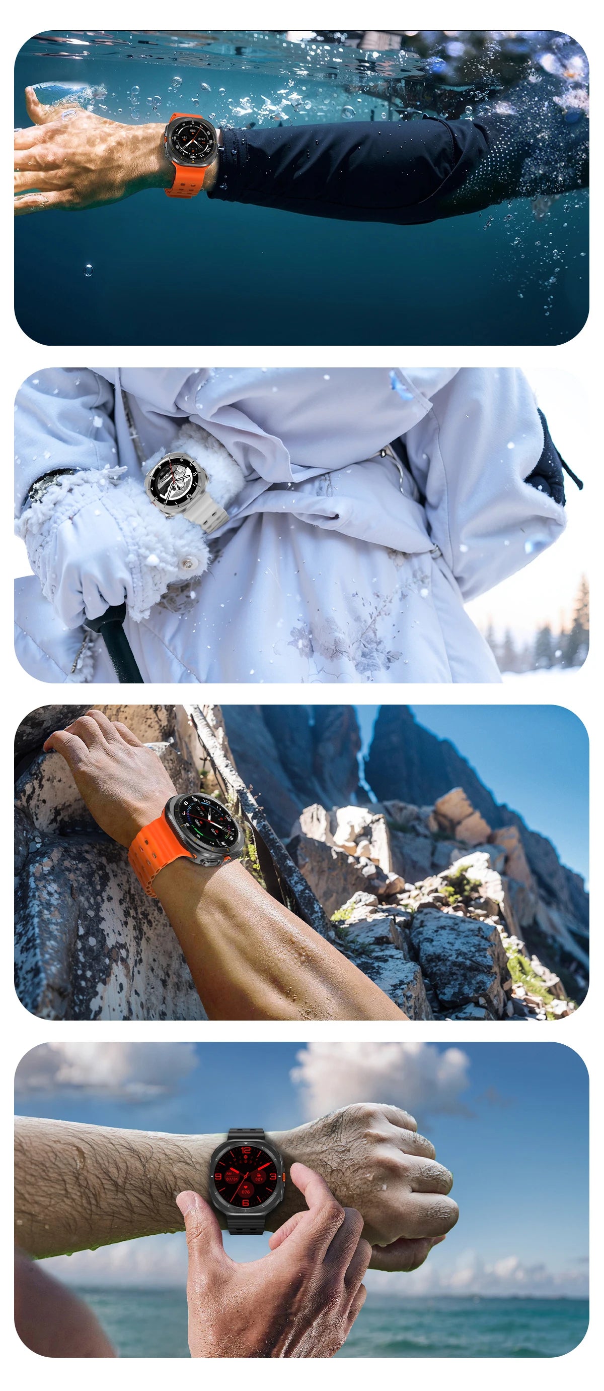 2025 Watch 7 Ultra Smartwatch showcased in various outdoor activities including swimming and climbing.