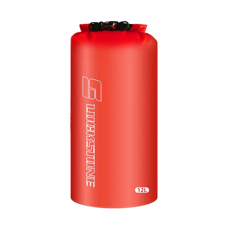 Red waterproof dry bag sack, 12L capacity, ideal for drifting, swimming, and storing clothes outdoors.