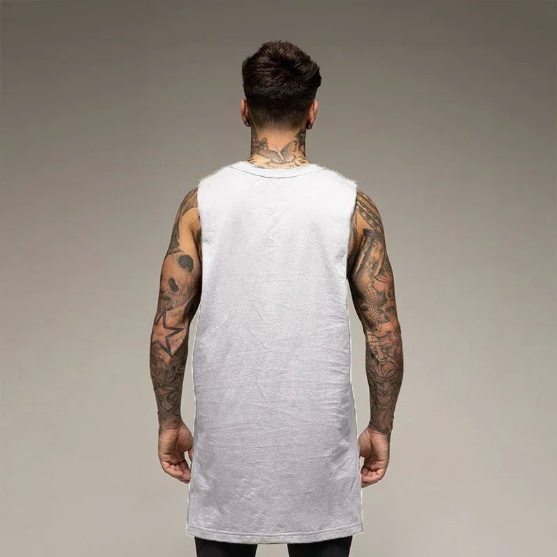 Men's solid color sleeveless cotton tank top, back view, perfect for fitness, gym, and bodybuilding activities.