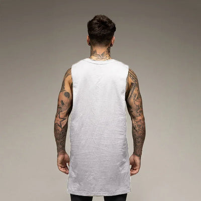 Men's solid color sleeveless cotton tank top, back view, perfect for fitness, gym, and bodybuilding activities.