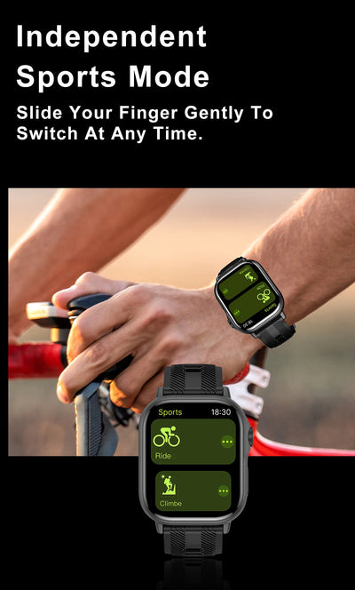 Smart watch showcasing independent sports mode with cycling and running options on the screen.
