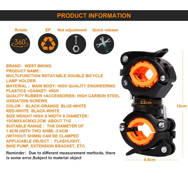 WEST BIKING 360° Rotatable Bike Light Bracket for LED Flashlight, durable plastic holder for cycling convenience.