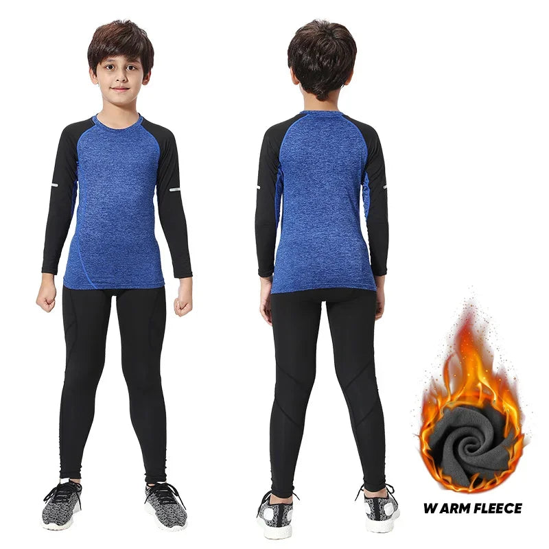 Kids thermal sports set featuring warm fleece compression tights and long-sleeve shirt, perfect for winter running.